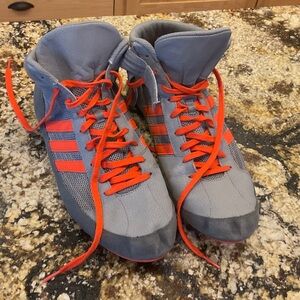 Adidas Gray and Red High top wrestling shoes.